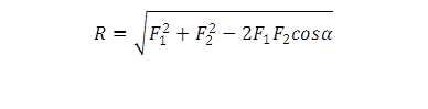 R=√(F_1^2+F_2^2-2F_1 F_2 cosα)